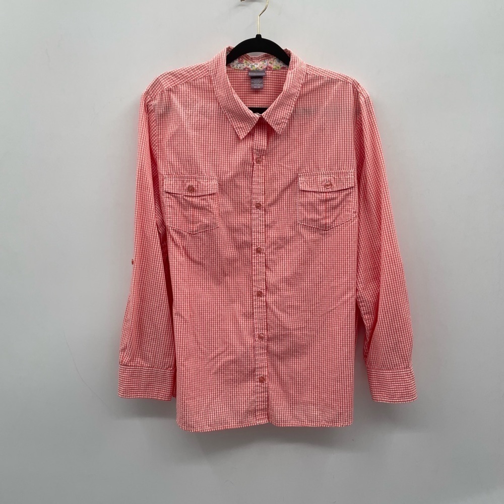 Laura Scott peach pink gingham casual long sleeve comfort career top. 16-18W